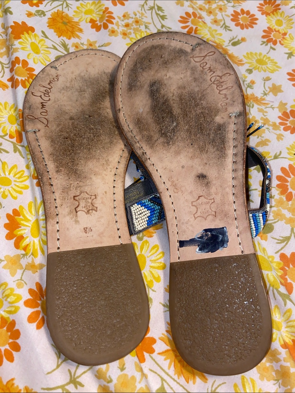 BLUE TRIBAL BEAD FLIP FLOPS SANDALS Sam Edelman Fringe Tassel BOHO Festival - Picture 6 of 7
